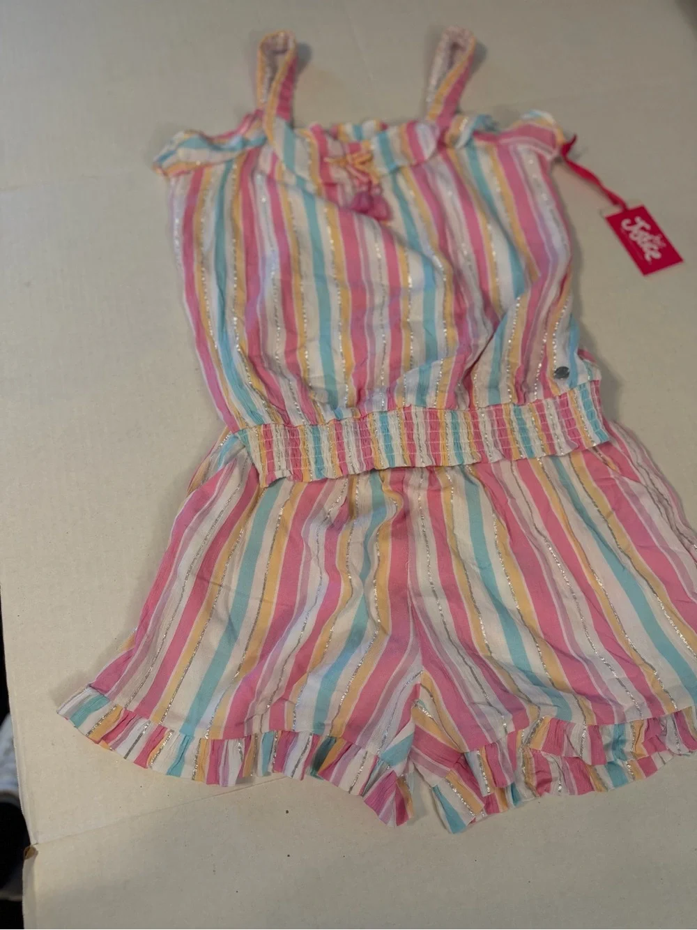 Justice Girls' Pastel Stripe short set with Metallic Thread - Pink, Blue, Yellow